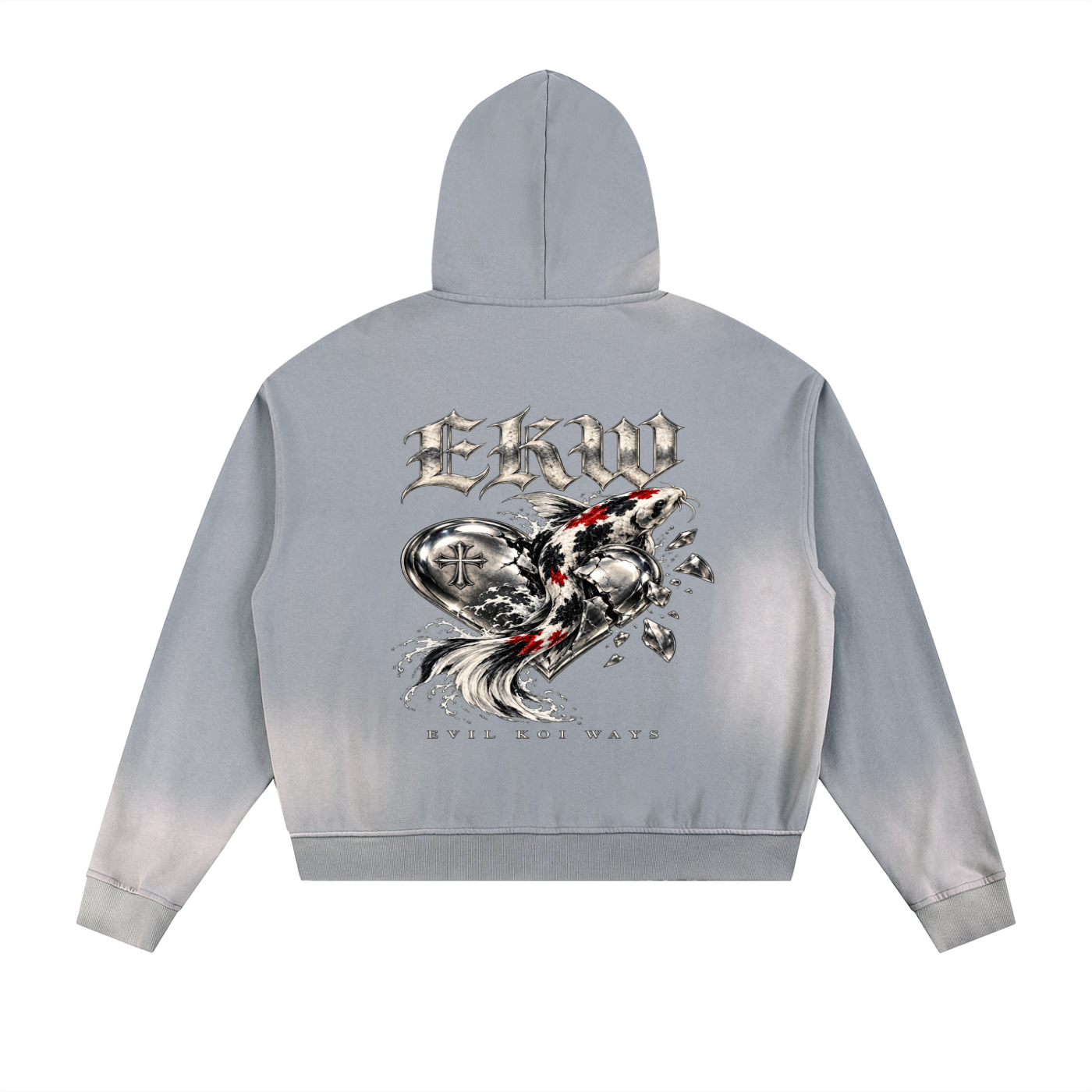 Sun Fade Frayed Raw Edge Fleece EKW Chrome Heart Zip Hoodie