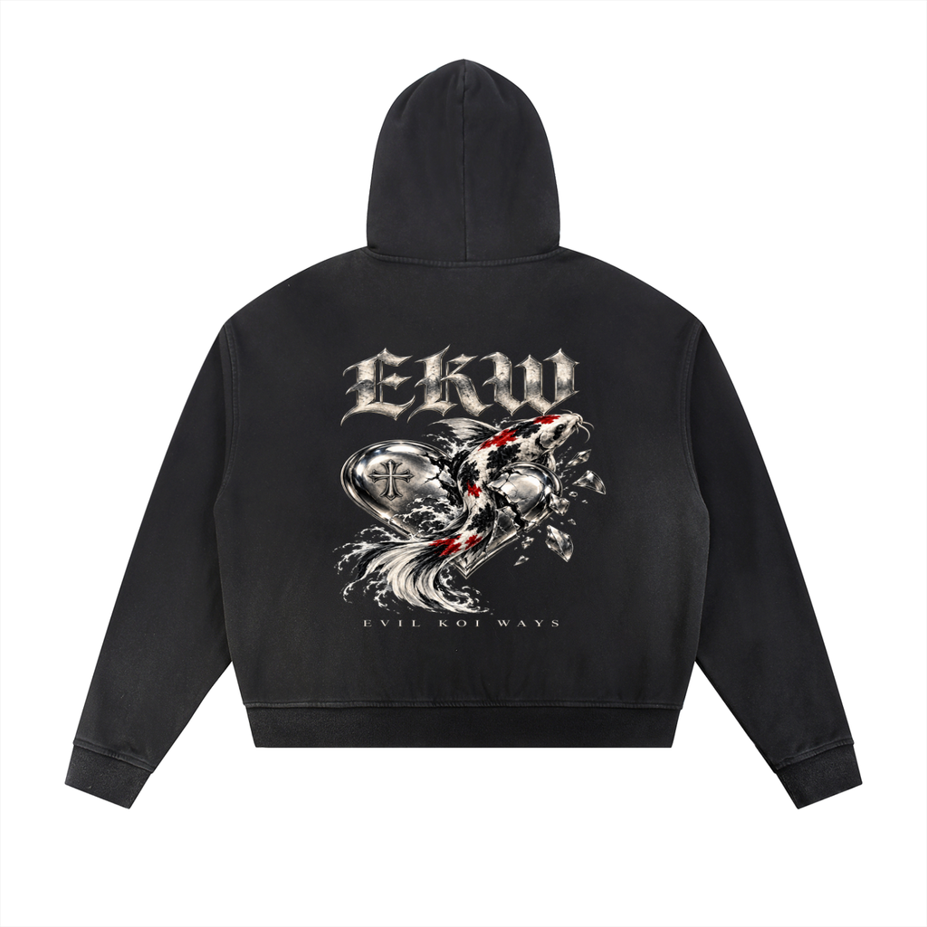 Sun Fade Frayed Raw Edge Fleece EKW Chrome Heart Zip Hoodie