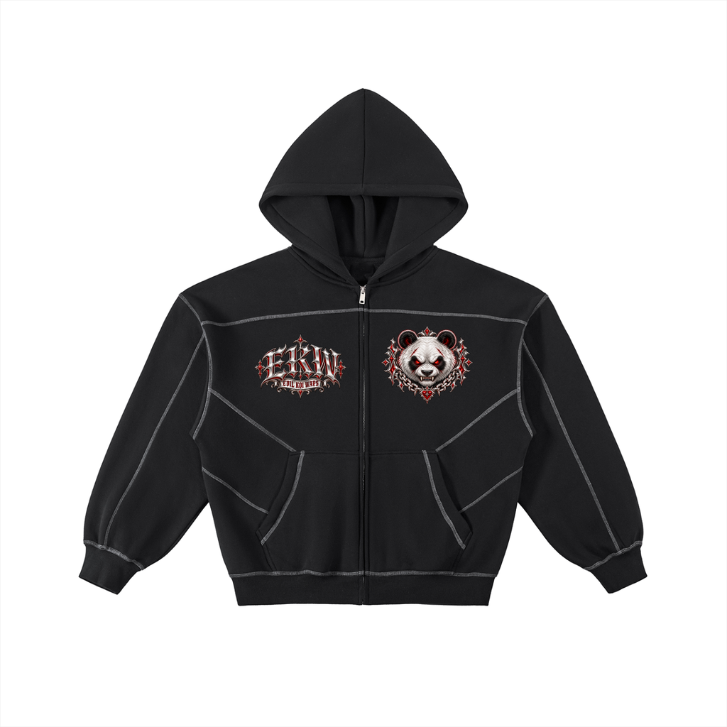 Contrast-Stitched Boxy EKW Fleece Zip Hoodie