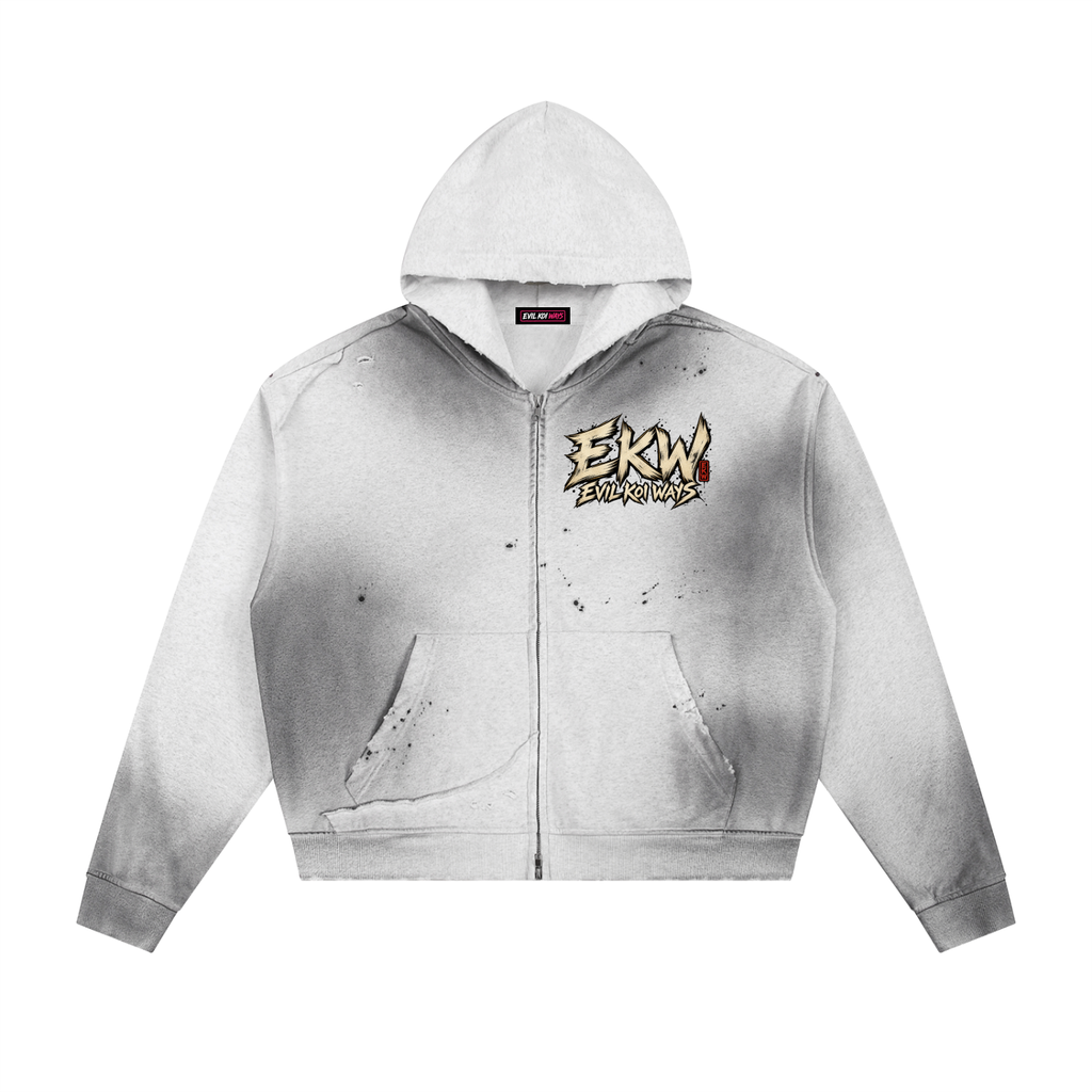 Sun Fade Frayed Raw Edge Fleece EKW Chrome Heart Zip Hoodie