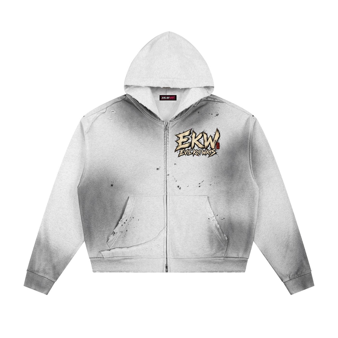 Sun Fade Frayed Raw Edge Fleece EKW Chrome Heart Zip Hoodie