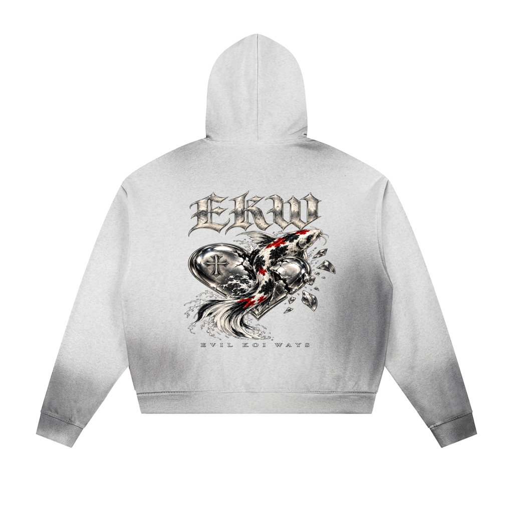 Sun Fade Frayed Raw Edge Fleece EKW Chrome Heart Zip Hoodie