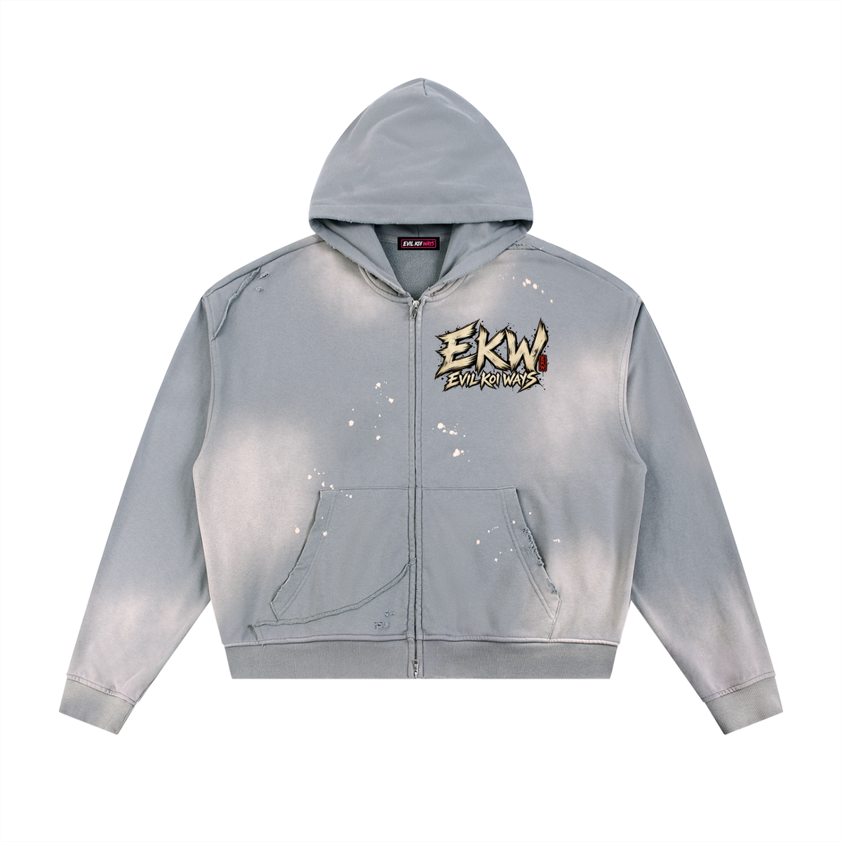 Sun Fade Frayed Raw Edge Fleece EKW Chrome Heart Zip Hoodie