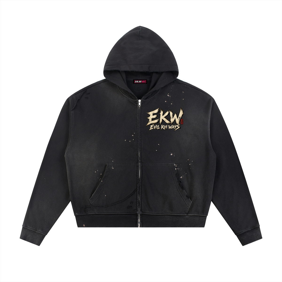 Sun Fade Frayed Raw Edge Fleece EKW Chrome Heart Zip Hoodie